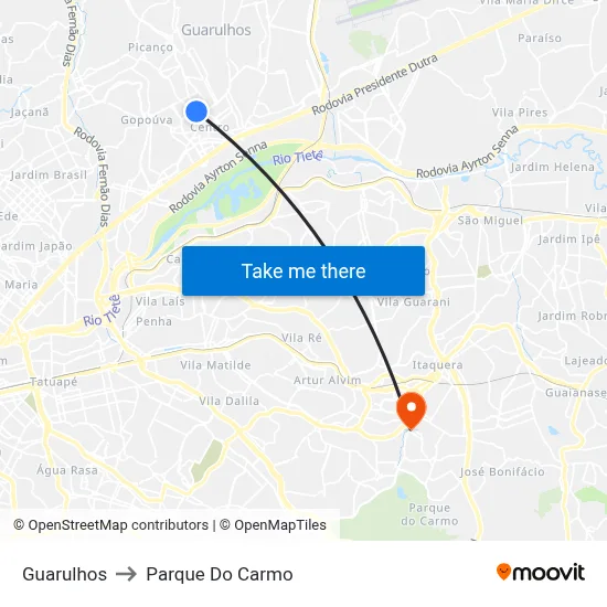 Guarulhos to Parque Do Carmo map