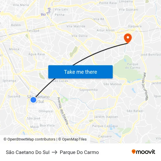 São Caetano Do Sul to Parque Do Carmo map