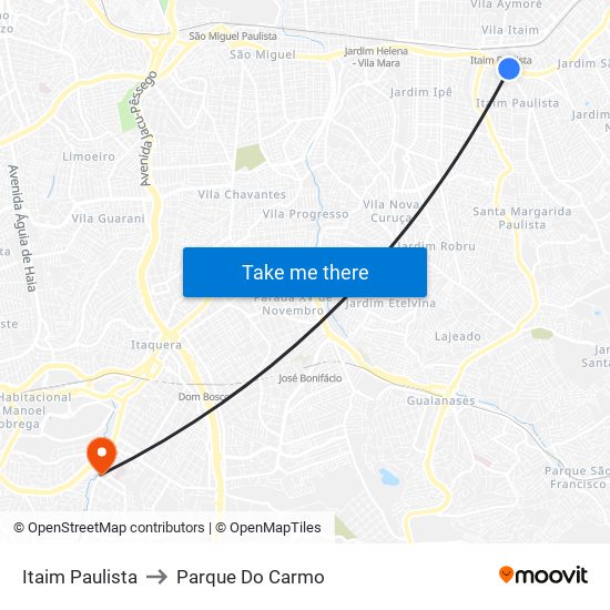 Itaim Paulista to Parque Do Carmo map