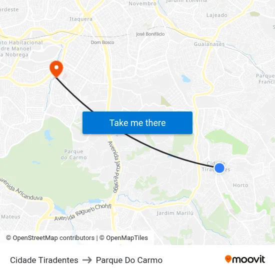 Cidade Tiradentes to Parque Do Carmo map