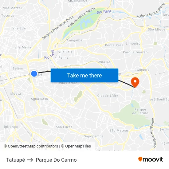 Tatuapé to Parque Do Carmo map