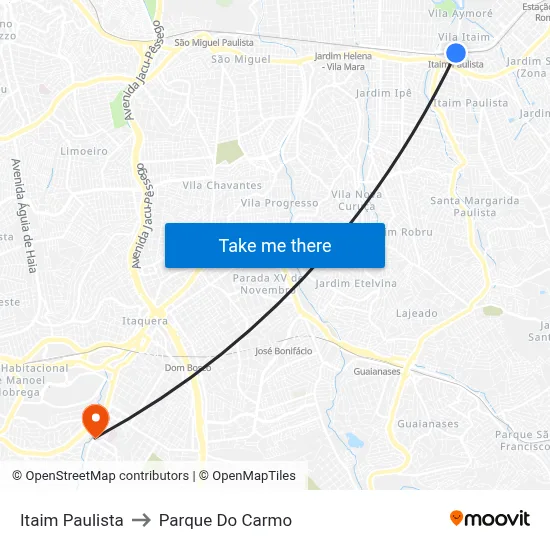 Itaim Paulista to Parque Do Carmo map