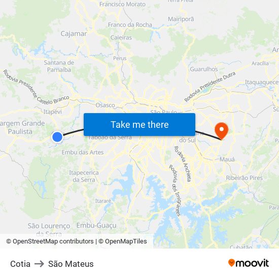 Cotia to São Mateus map