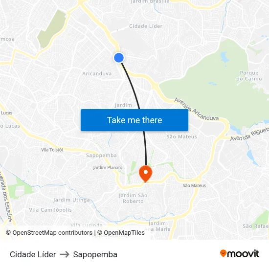 Cidade Líder to Sapopemba map