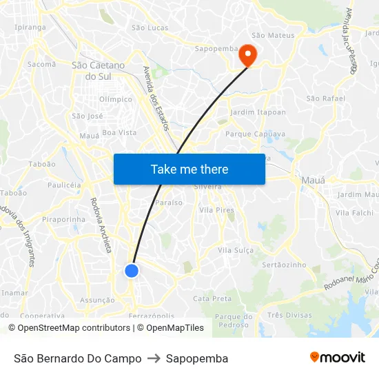 São Bernardo Do Campo to Sapopemba map