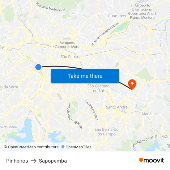 Pinheiros to Sapopemba map