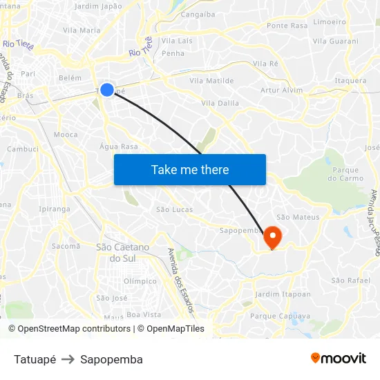 Tatuapé to Sapopemba map