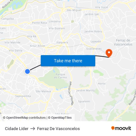 Cidade Líder to Ferraz De Vasconcelos map
