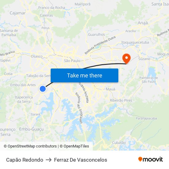 Capão Redondo to Ferraz De Vasconcelos map