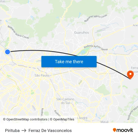 Pirituba to Ferraz De Vasconcelos map