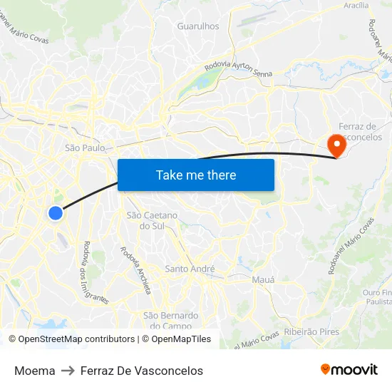 Moema to Ferraz De Vasconcelos map