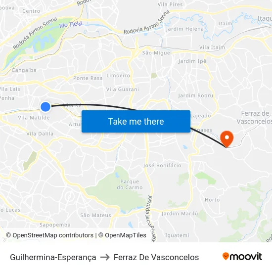 Guilhermina-Esperança to Ferraz De Vasconcelos map