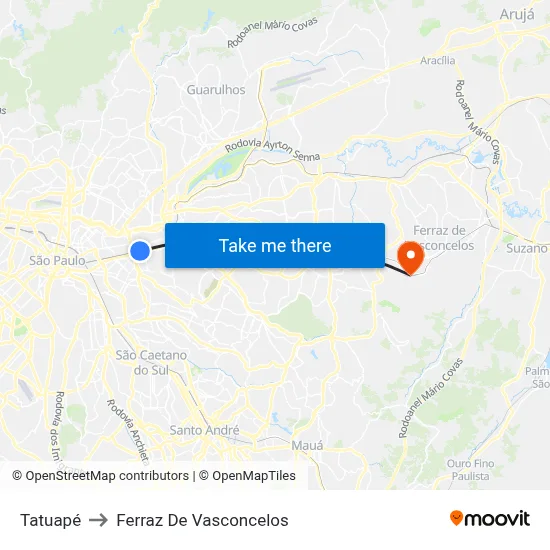 Tatuapé to Ferraz De Vasconcelos map