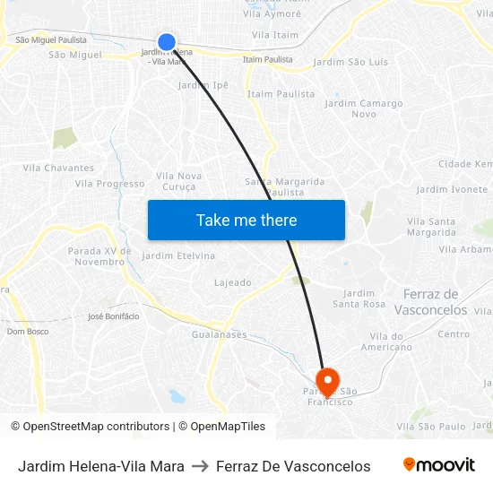 Jardim Helena-Vila Mara to Ferraz De Vasconcelos map