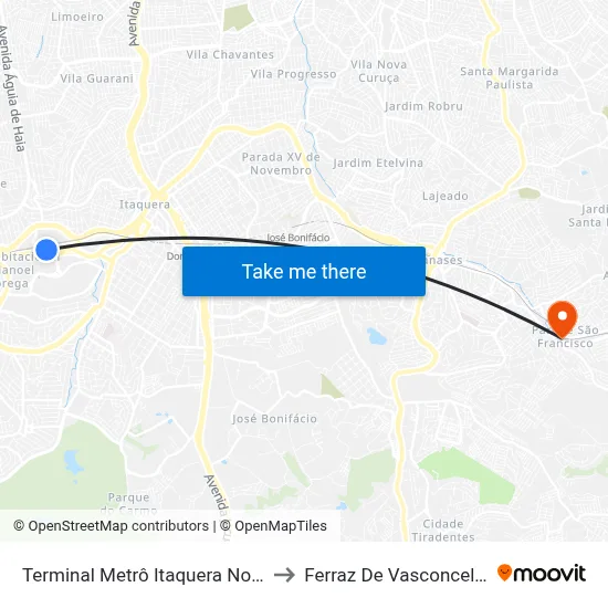Terminal Metrô Itaquera Norte to Ferraz De Vasconcelos map