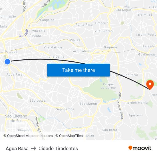 Água Rasa to Cidade Tiradentes map