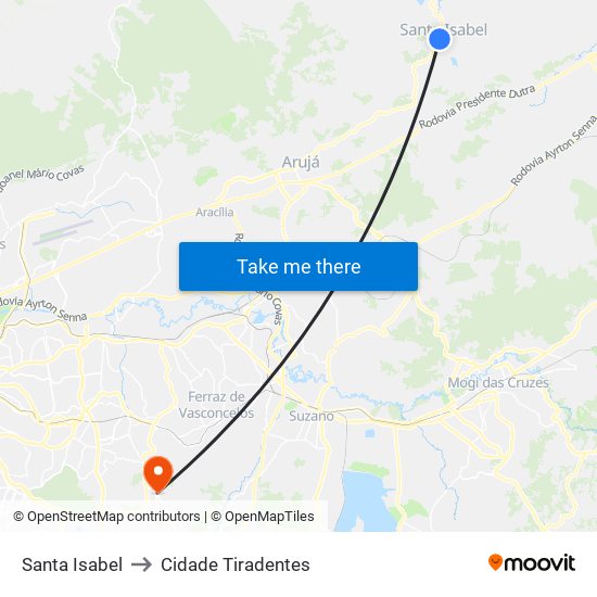 Santa Isabel to Cidade Tiradentes map
