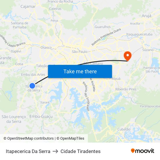 Itapecerica Da Serra to Cidade Tiradentes map