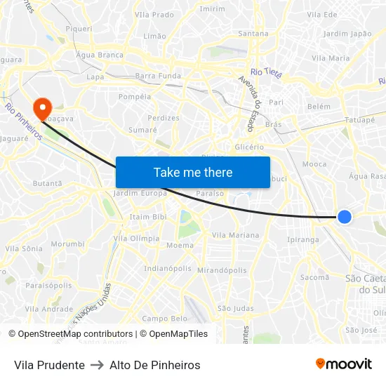 Vila Prudente to Alto De Pinheiros map