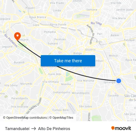 Tamanduateí to Alto De Pinheiros map
