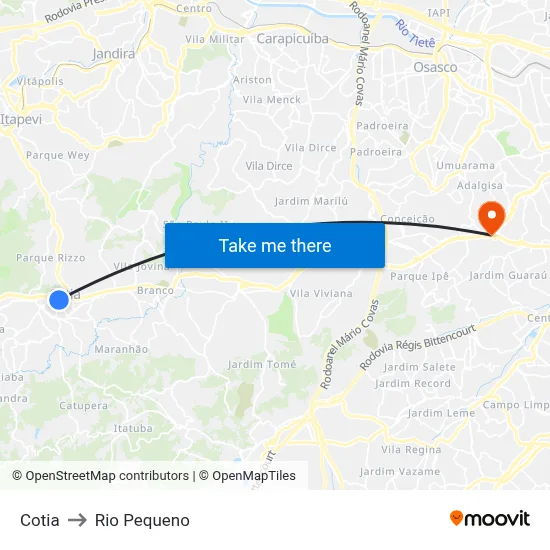 Cotia to Rio Pequeno map
