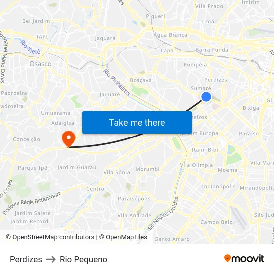 Perdizes to Rio Pequeno map