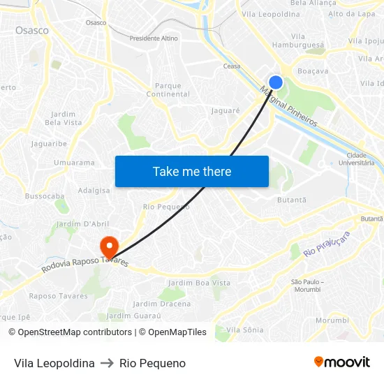 Vila Leopoldina to Rio Pequeno map