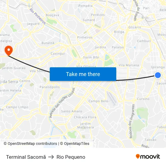 Terminal Sacomã to Rio Pequeno map