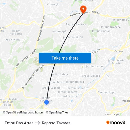 Embu Das Artes to Raposo Tavares map