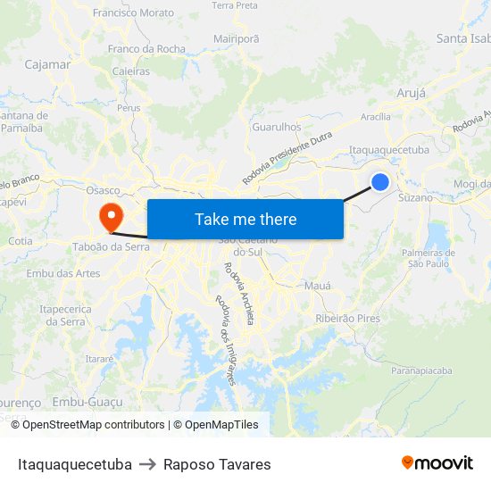 Itaquaquecetuba to Raposo Tavares map