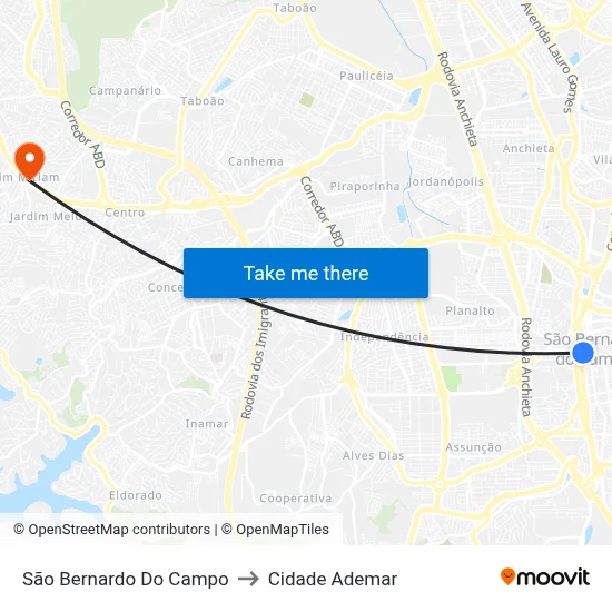 São Bernardo Do Campo to Cidade Ademar map