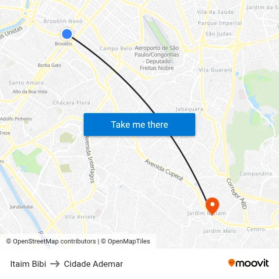 Itaim Bibi to Cidade Ademar map