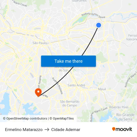 Ermelino Matarazzo to Cidade Ademar map