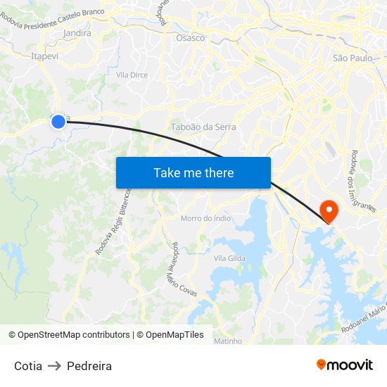 Cotia to Pedreira map