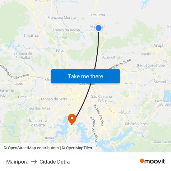 Mairiporã to Cidade Dutra map
