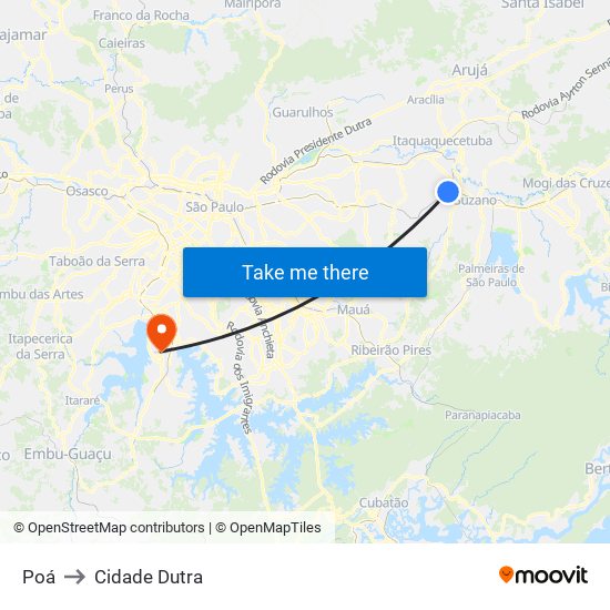 Poá to Cidade Dutra map