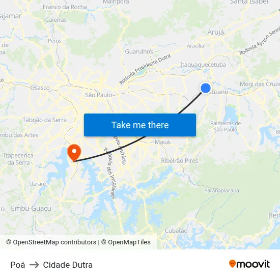 Poá to Cidade Dutra map