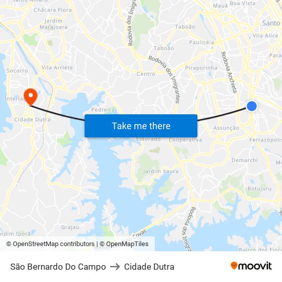São Bernardo Do Campo to Cidade Dutra map