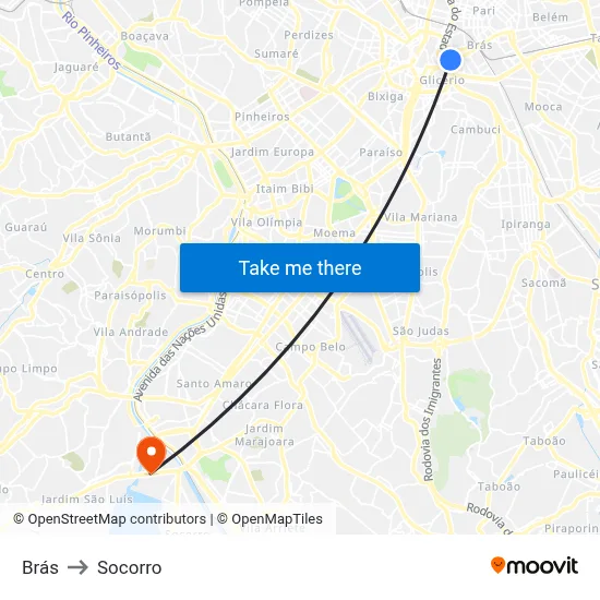 Brás to Socorro map