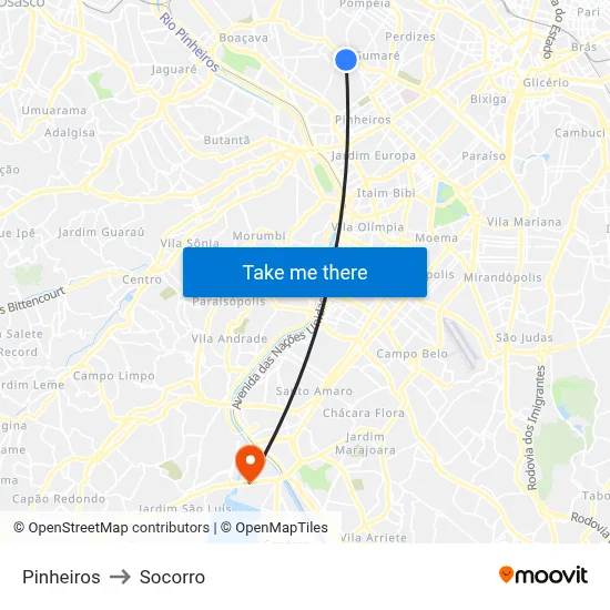 Pinheiros to Socorro map