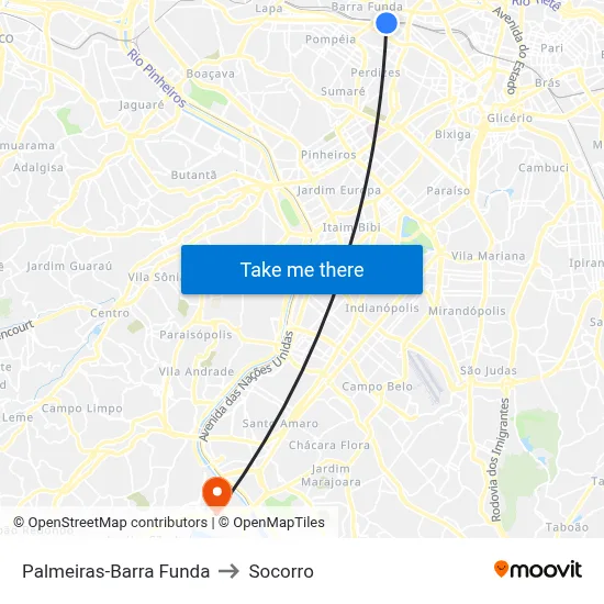 Palmeiras-Barra Funda to Socorro map