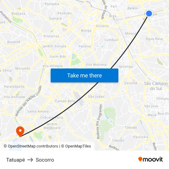Tatuapé to Socorro map