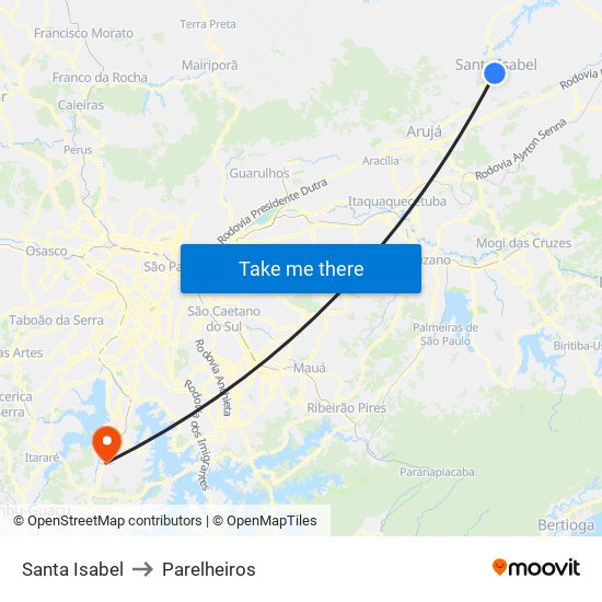 Santa Isabel to Parelheiros map