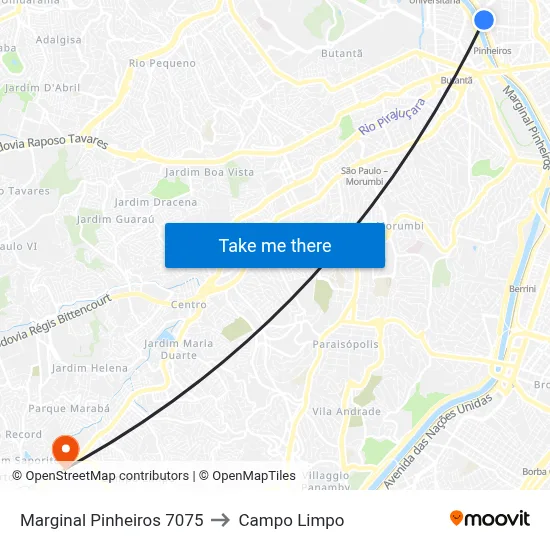 Marginal Pinheiros 7075 to Campo Limpo map