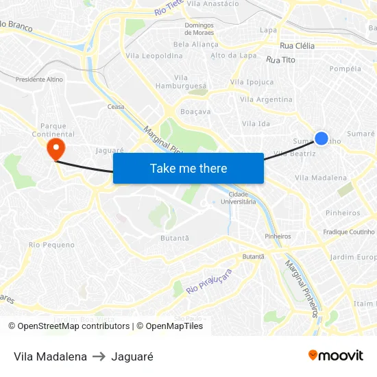 Vila Madalena to Jaguaré map