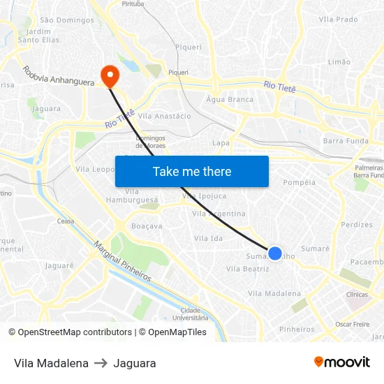 Vila Madalena to Jaguara map