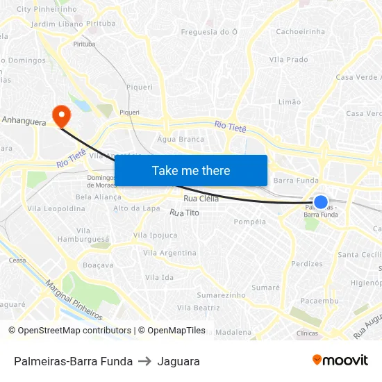 Palmeiras-Barra Funda to Jaguara map