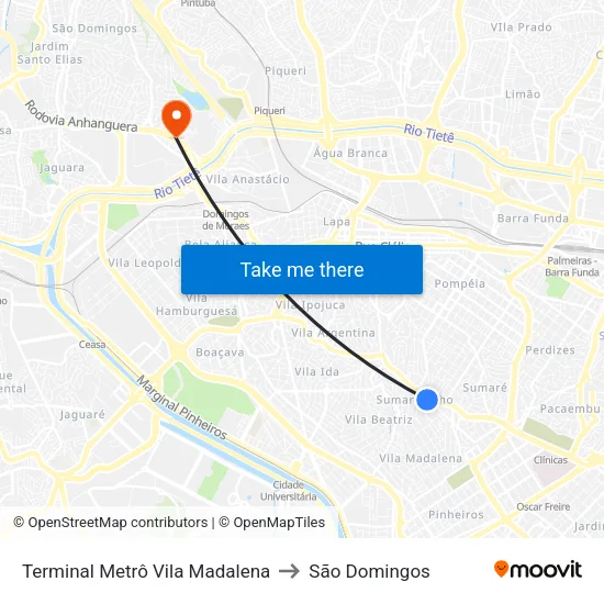 Terminal Metrô Vila Madalena to São Domingos map