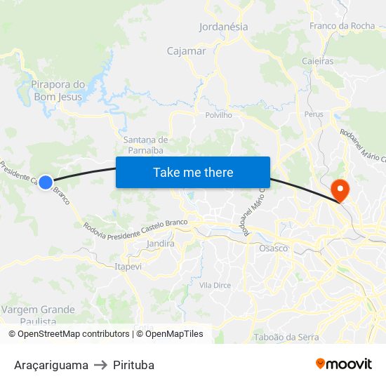 Araçariguama to Pirituba map