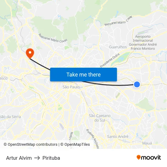 Artur Alvim to Pirituba map